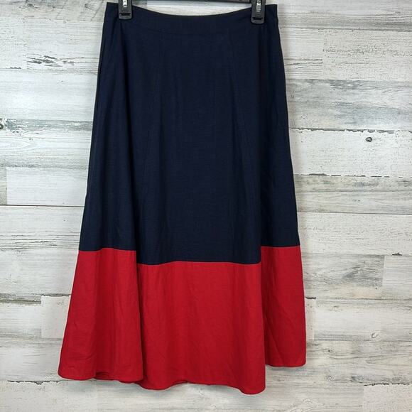 1901 Navy & Red Colorblock Linen Blend Midi Skirt | Size 6 - Picture 3 of 6